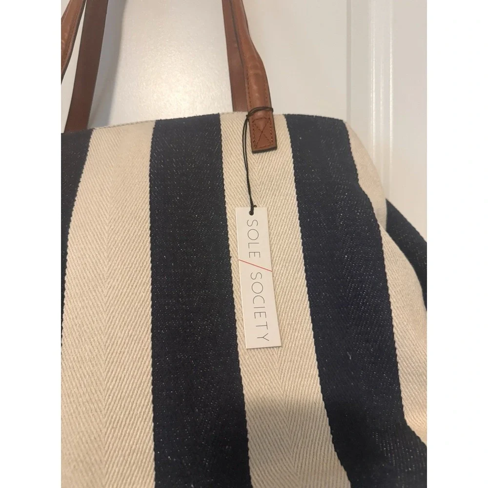 Sole Society Stripes Canvas, Bag, Navy, And‎ Cream Color large Carryall